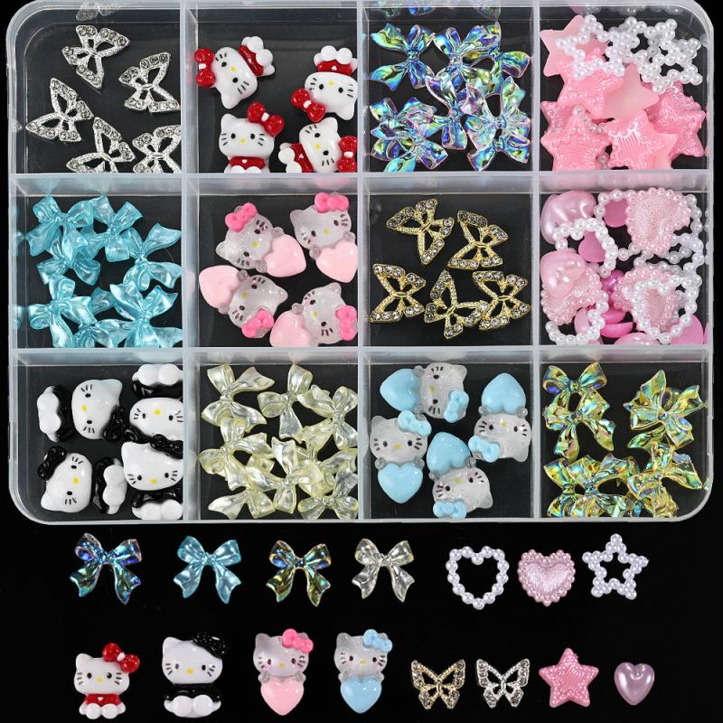 12 Gitter/Box Sanrio Hello Kitty Nailart-Dekor Schleife Nagelanhänger Cartoon DIY-Dekor Handyhülle Nagelzubehör Maniküre-Teile