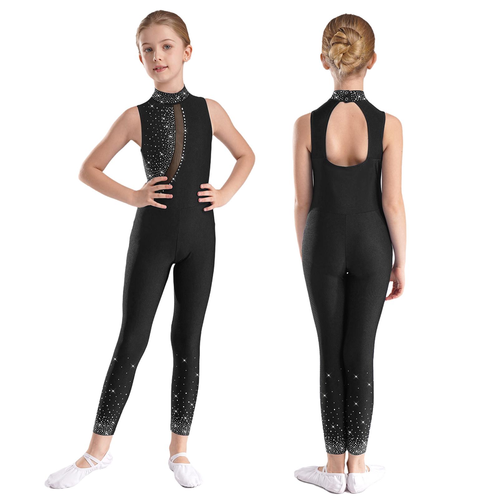 Kinder Mädchen Ärmelloser Eiskunstlauf Ganzkörperanzug Jumpsuit Ballett Tanz Gymnastik Turnanzug Tank Strass Tank Unitard Kostüm 15-16 Years schwarz