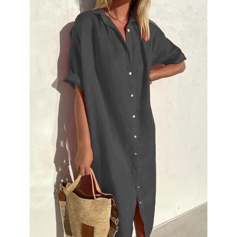 YYFS Damenmode Sommer Frühling Einfarbig Druck Kurzarm POLO-Kragen Lockere Taille Freizeitkleider S dunkelgraue