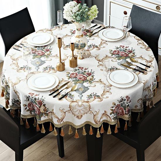 Stickerei große europäische runde Tischdecke Chenille Jacquard Tischdecke Weihnachten Esstisch Abdeckung runde Tischdecken für Hochzeitsdekoration 140CM beige