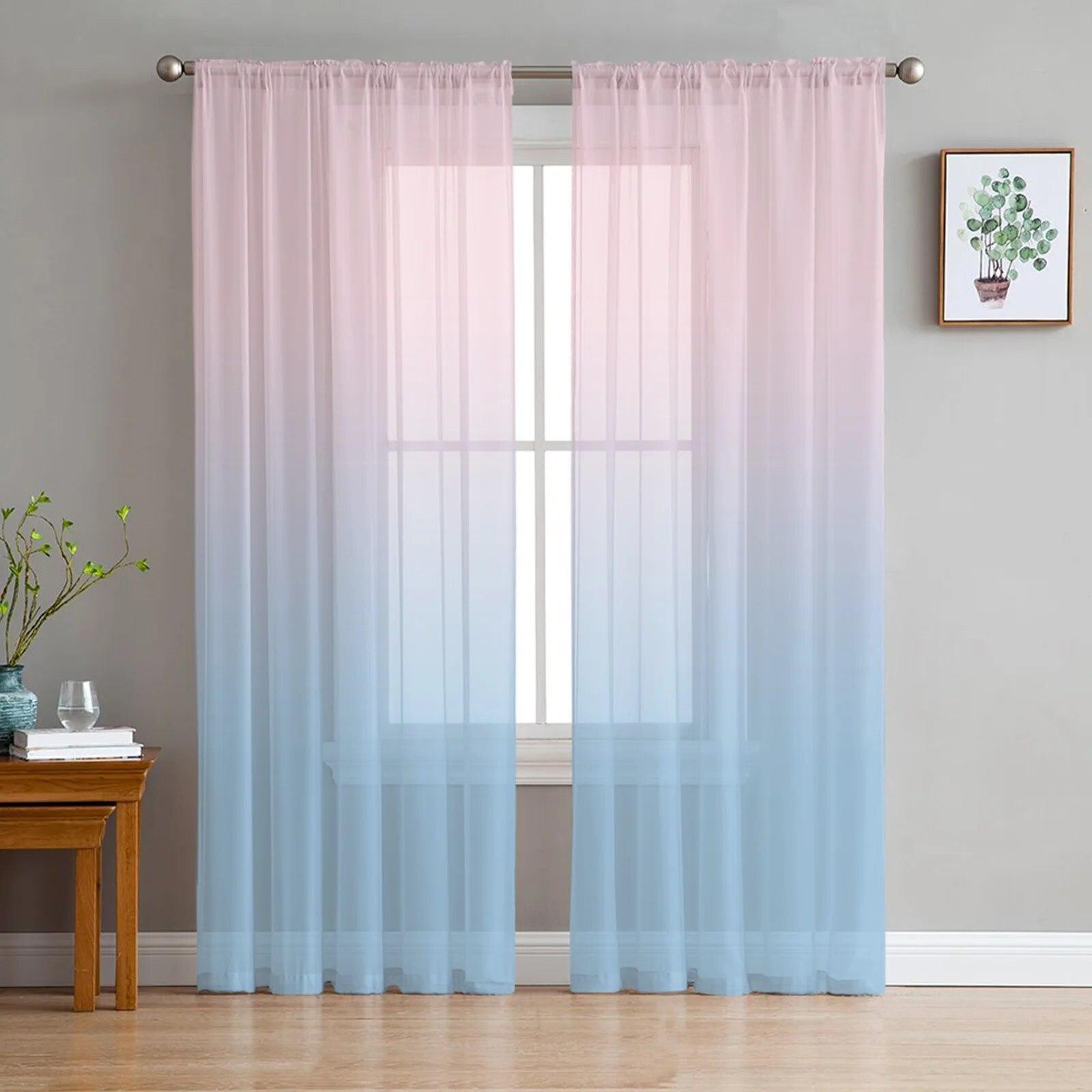 Blau-rosa Farbverlauf-Tüllvorhänge für Schlafzimmer, Wohnzimmer, bedruckte transparente Vorhänge für den Balkon, Sommer-Heimdekoration 135W x 213H(cm) x 2