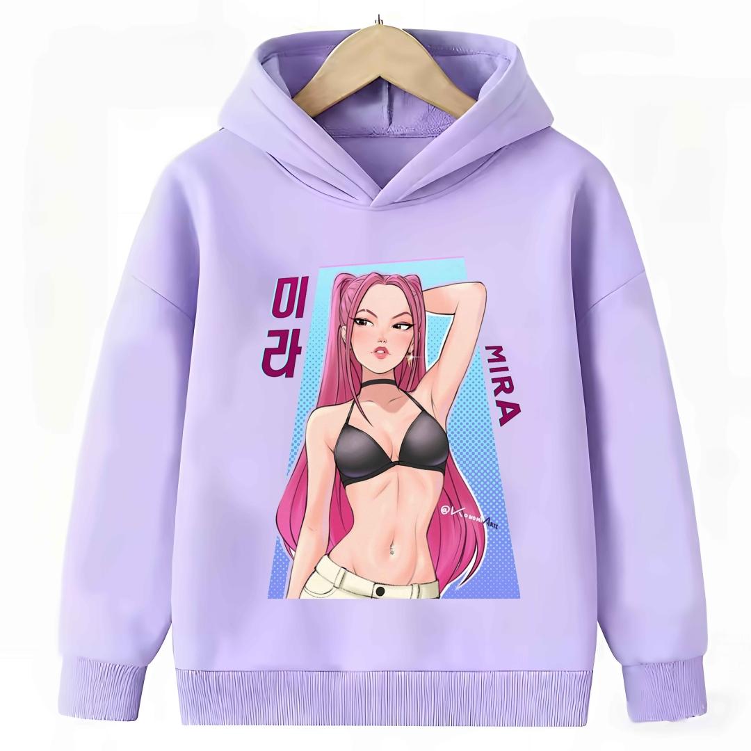 Dämonenjäger Cartoon Mädchen Kapuzenpullover Warmer Kinder Lila Pullover Mode Lässige Oberteile Mädchen Kleidung 160 gray