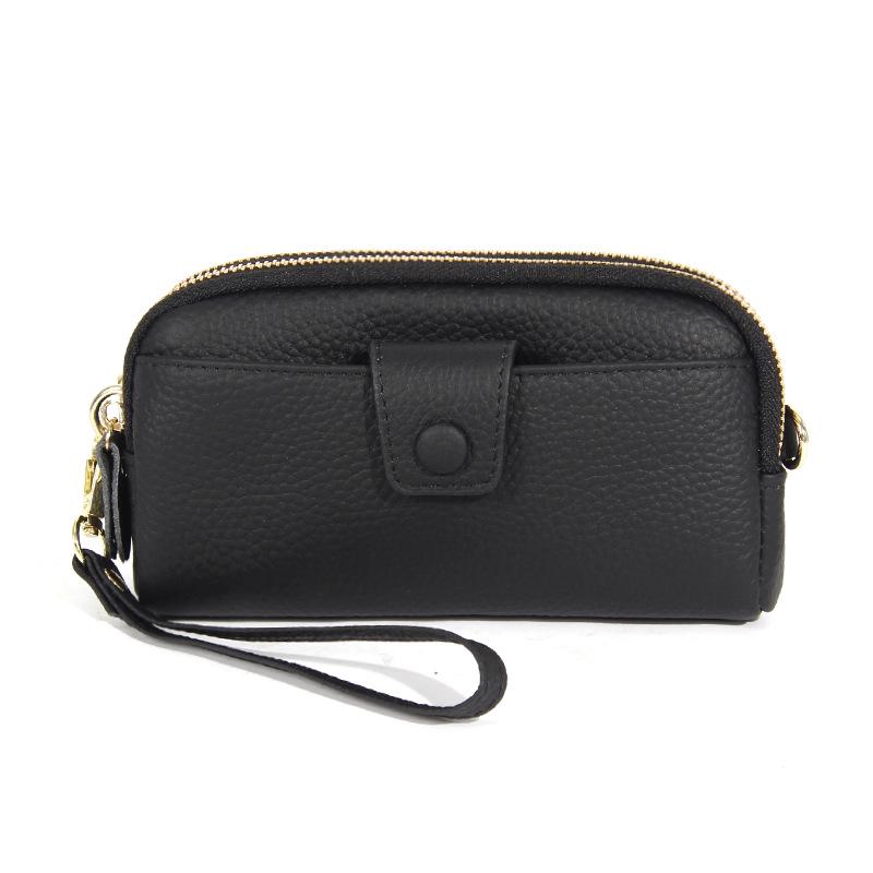 Echtes Leder Doppelreißverschluss Rindsleder Geldbörse mit Kette für Mobiltelefon - Damen Lange Handtasche