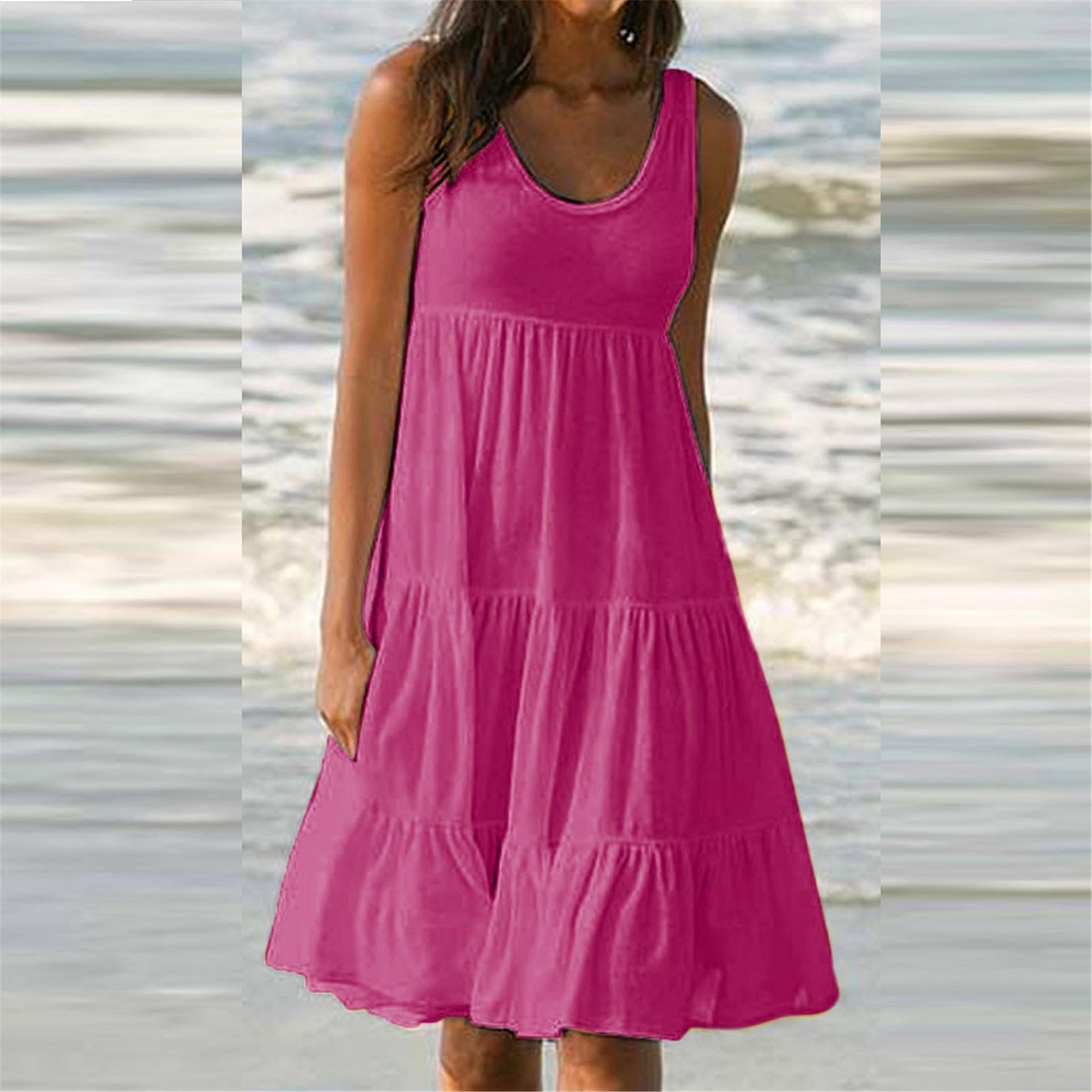 Damen-Weste-Kleider, Sommer, Frühling, plissiert, böhmische Kleider, niedlich, ärmellos, fließend, Strand, gerade, T-Shirt, Tank-Kleider, Rundhals-Kleider XXL heißes rosa