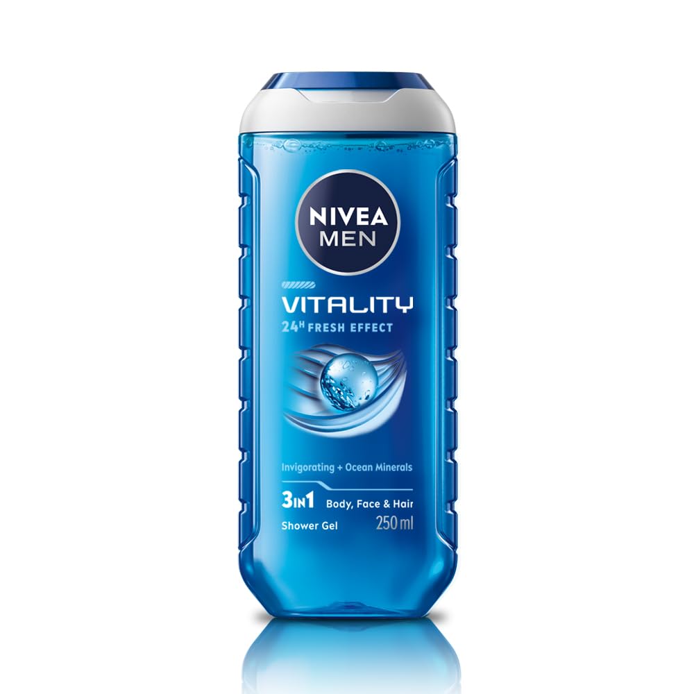 NIVEA MEN Vitality Fresh Shower Gel 250ml | 3-in-1 Body Wash for Face, Hair & Body | Ocean Mineral Cleanser for Daily Fresh Skin