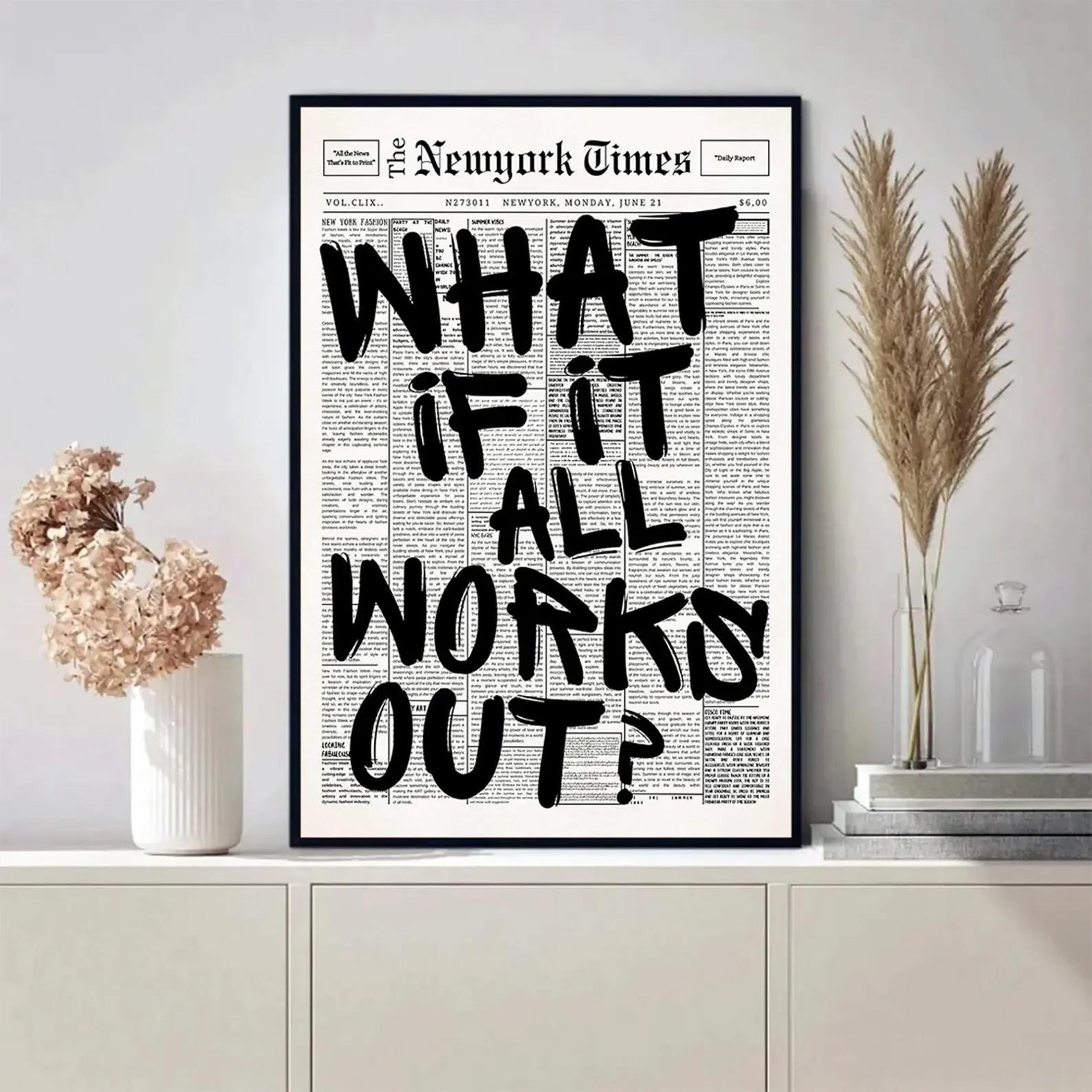 Zeitungsposter - Was, wenn alles klappt - Leinwand-Wandkunst mit positivem Zitat, Affirmative minimalistische Drucke, Neutrales Schlafsaalbett 30x40cm