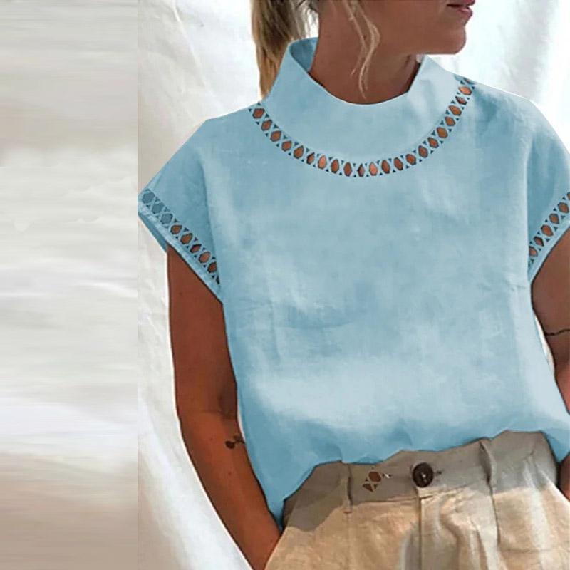 Frauen Bluse Einfarbig Hohl Top Casual Stehkragen Baumwolle Leinen Blusen Damen Spitze Patchwork Atmungsaktive Hemd S hellblaue