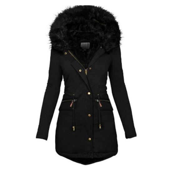 Langer Wintermantel für Damen Fleecegefüttert Warme Pufferjacke Kapuze Verdickter Parka Übermantel mit Taschen und Kunstfellkapuze XL schwarz