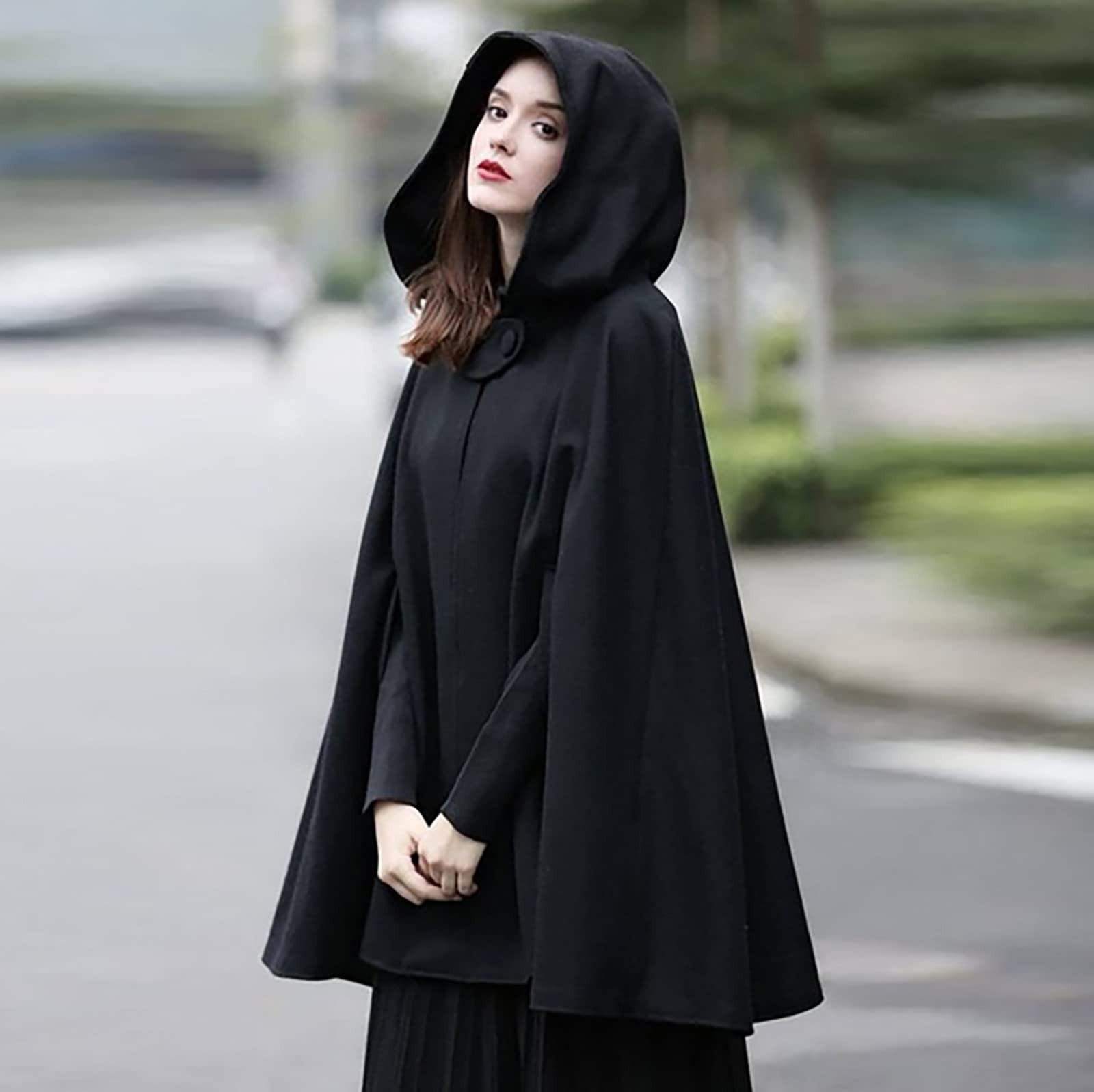 Gothic Damen Cardigan mit Kapuze vorne offen Langer Mantel Einfarbig Umhang Cape Winter Outdoor Jacken M schwarz