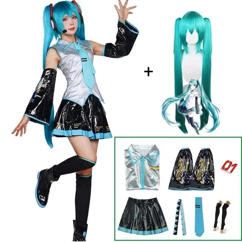 Miku Cosplay-Komplettset, silberner Lederstoffanzug, Miku Cosplay-Kopfbedeckung, Kostüm-Outfit, JK-Matrosenkleid, High-School-Uniform, Hallow XXXL-(Full set+wig)