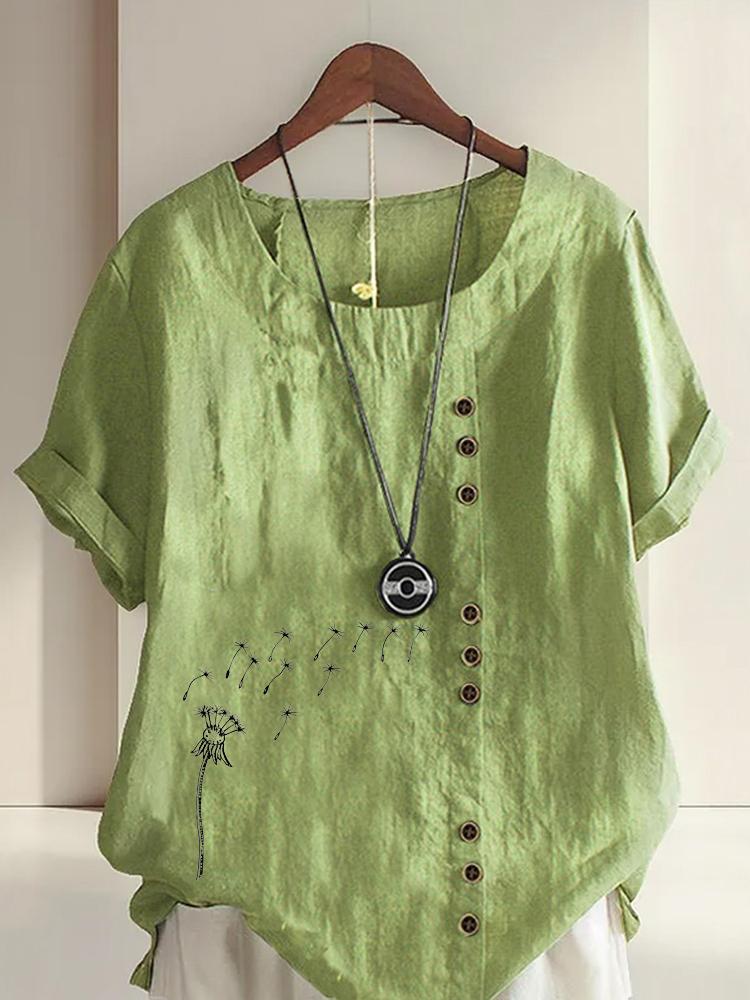 Damenmode Schwarz Pusteblumen-Print Rundhals Kurzarm T-Shirt Lässig Baumwolle Leinen Grafikshirt Freizeit Locker Sommer Bluse Oberteile 5XL grün