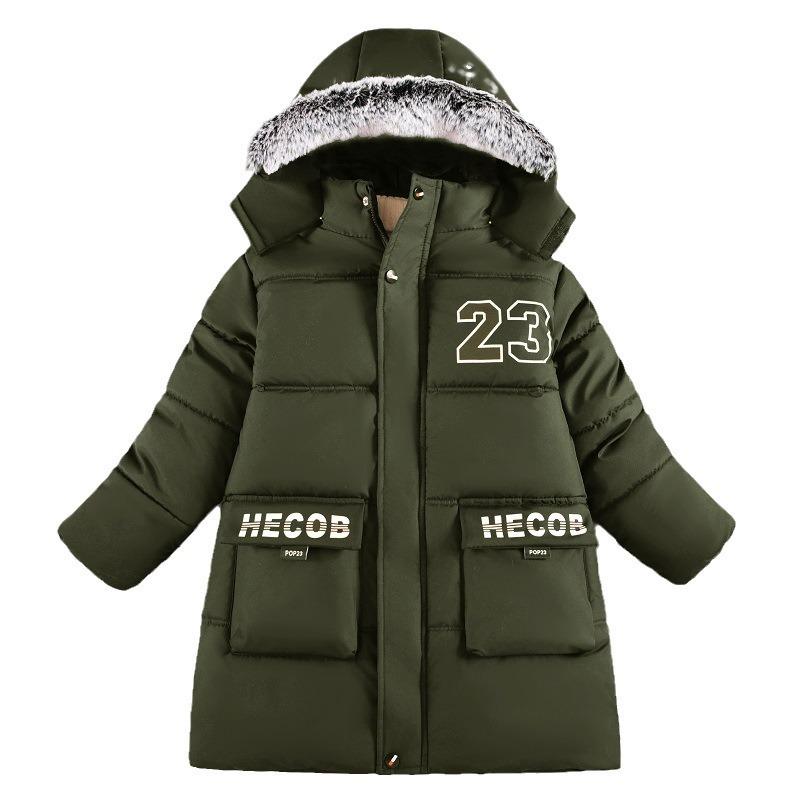 Winter Jungen Verdickte Baumwolljacke Kinder Kapuzen Warme Jacken Übermantel Plus Samt Oberbekleidung Kinderkleidung 6-12 Jahre 150 dunkelgrüne