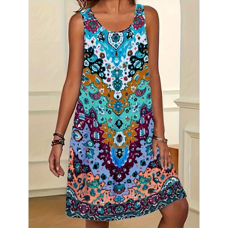 Sommer Damenkleider Strand Lässiger Stil Ärmellose Kleider Blumenmuster Rundhals Kleider Locker M