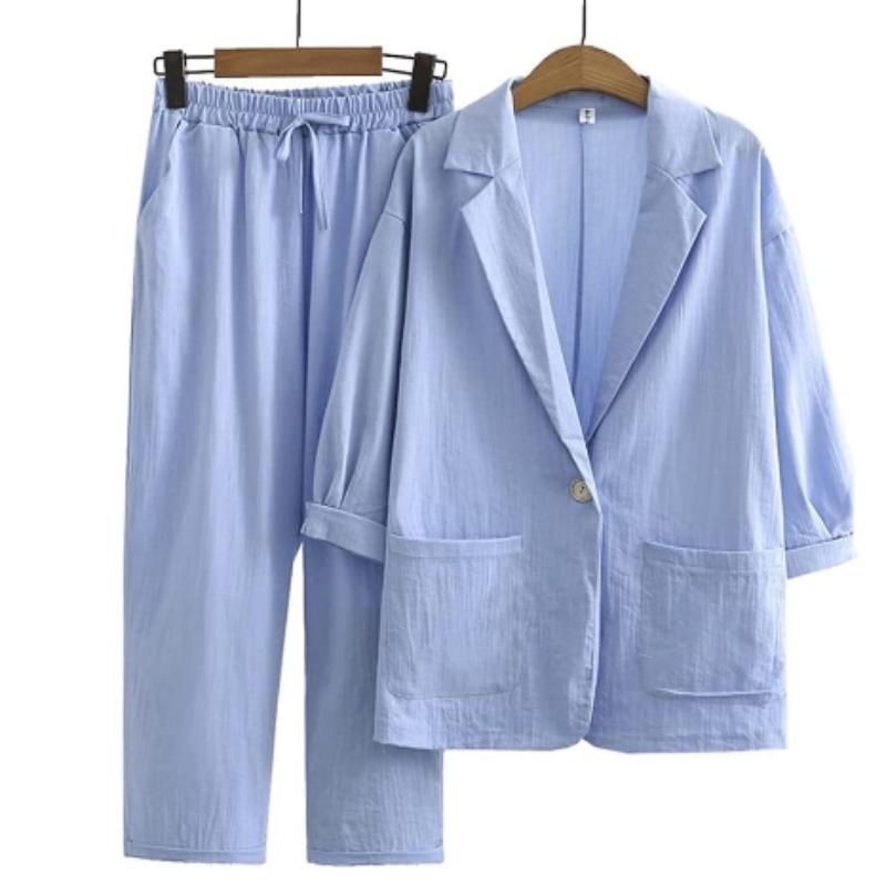 Zweiteiliger Anzug aus Baumwolle und Leinen für Damen, Jacke + Hose, Herbst, lockere Mode, lässiger Anzug aus Baumwolle und Leinen, Jacke XXXXXL blau