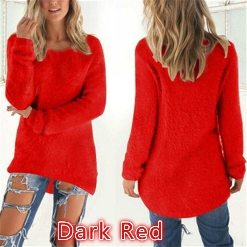 Frauen Kleidung Herbst und Winter Pullover Casual Langarm Pullover Damen Oansatz Shirts Baumwolle Pullover Lose Pullover XL dunkelrote