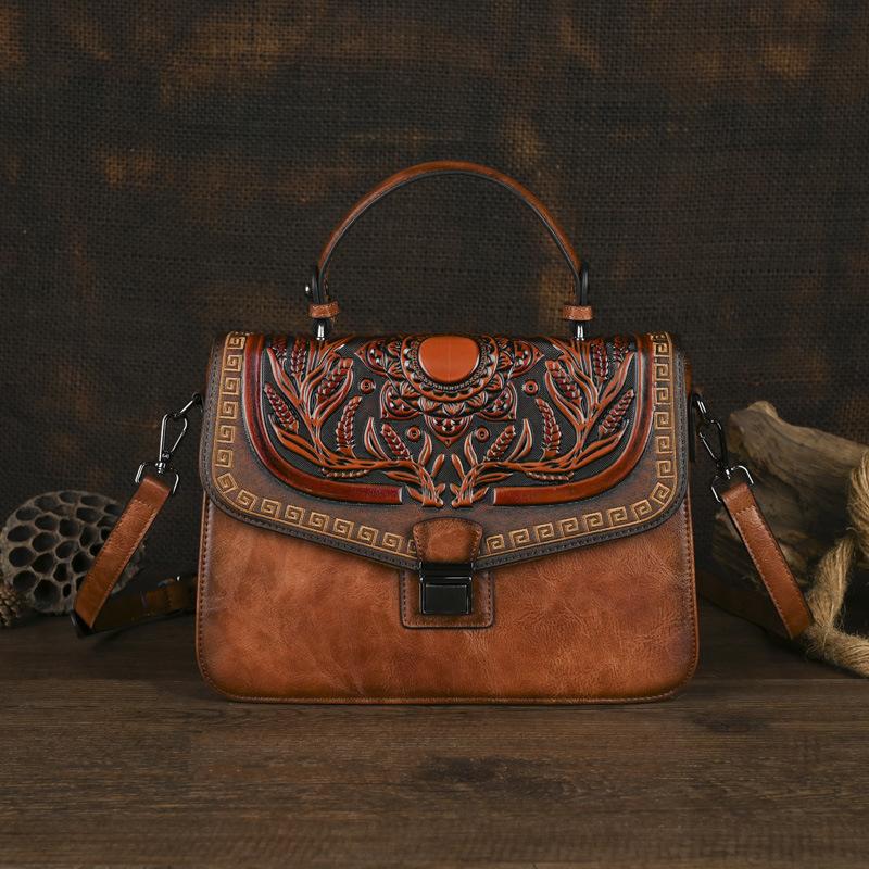 Johnature Handgemachte geprägte Damen Ledertasche Vintage Handtasche Vielseitige Schulter- und Umhängetaschen kamelfarben