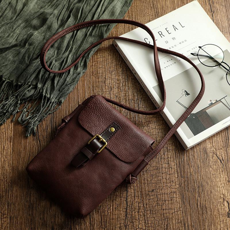 Johnature Simple Echtes Leder Frauen Tasche Retro Solid Color Natürliche Rindsleder Mini Telefontasche Freizeit Kleine Umhängetaschen kaffeebraun