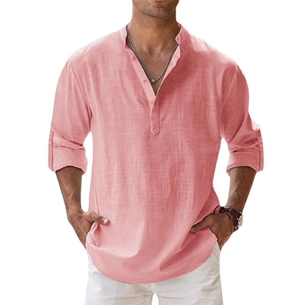 Neue Baumwoll-Leinen-Hemden für Herren, Freizeithemden, leichte Langarm-Henley-Strandhemden, hawaiianische T-Shirts für Herren, Streetwear US XXL 90-100 KG rosa