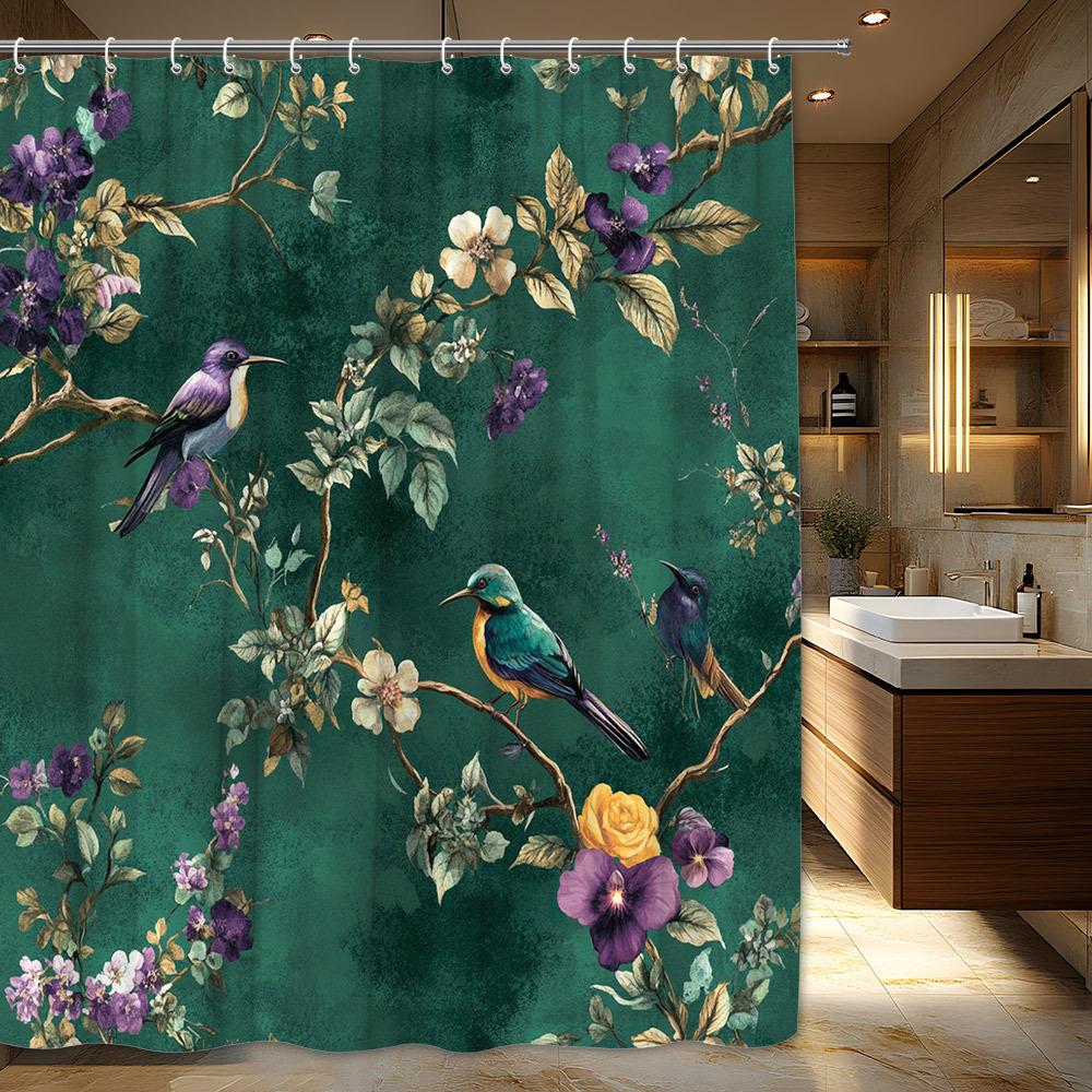 1 Stück Lila und Gelbe Blume Duschvorhang, Polyestergewebe, Digitale Illustration, Grüne und Blaue Vögel Blumen, Weiße Blumen 180x180cm
