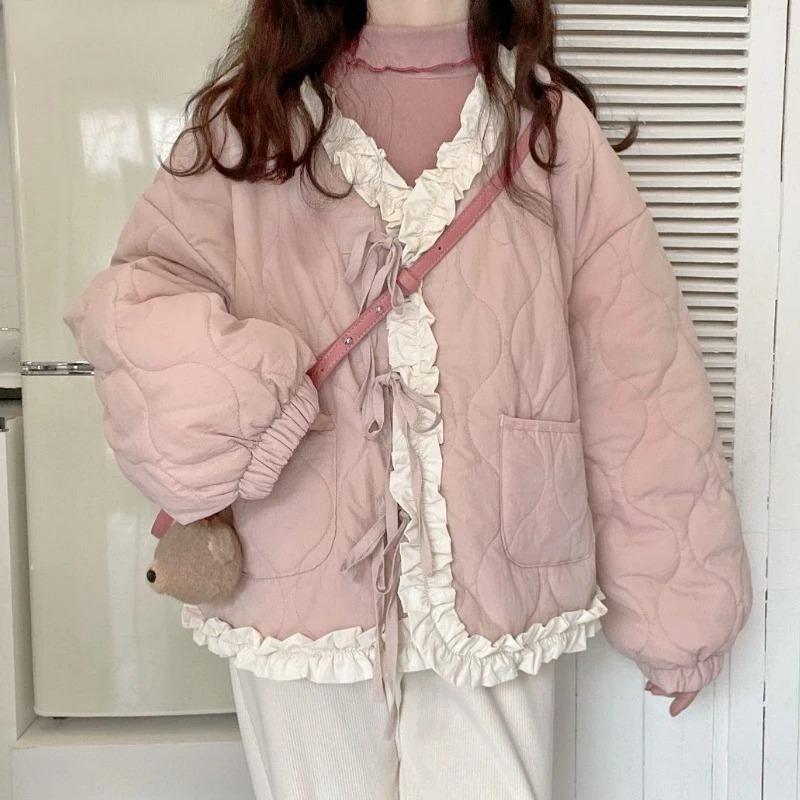 Koreanischen Stil Nette Lose Warme Winter Jacke Frauen Chic Rüschen Hals Süße Parkas Mantel Japanischen Harajuku Kawai Padded Mantel 2024 XL rosa