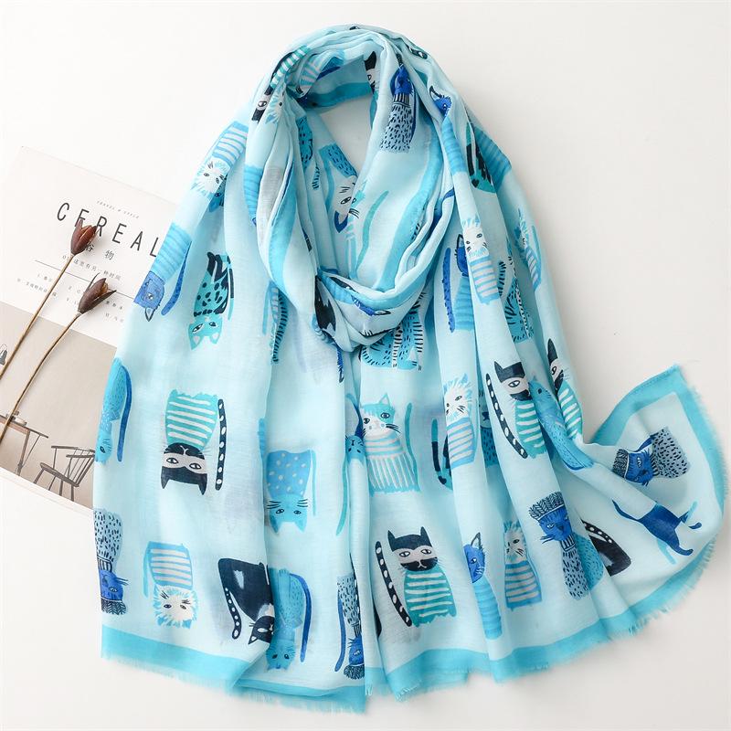 Herbst Süßes Cartoon-Katzenmuster Viskose-Schal Damen Hochwertiges Weiches Wickeltuch Pashmina-Stola Bufandas Muslimischer Hijab 180*90cm