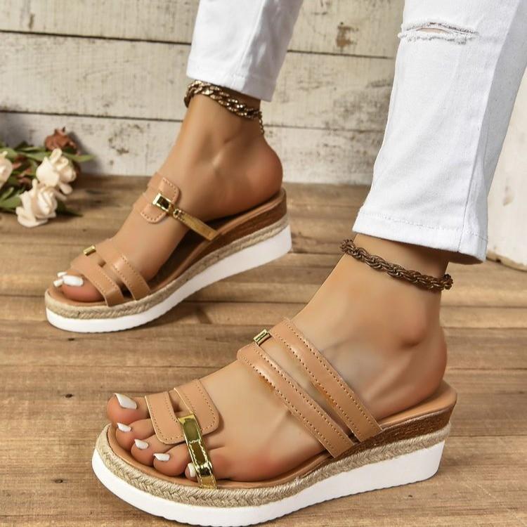 Trendige Colorblock-Sandalen für Damen, lässige Sommer-Strand-Sandalen zum Hineinschlüpfen, rutschfeste Keil-Sandalen 39 khaki