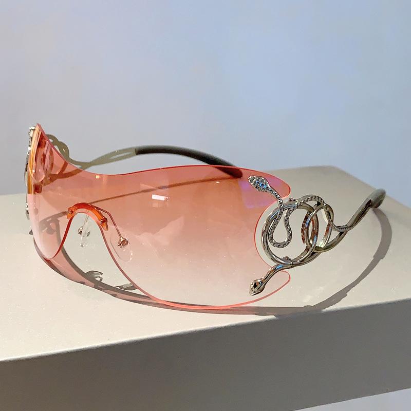 Y2K Randlose Sonnenbrille Damen für Herren Einteilig Trendig Übergroß Sonnenbrille Metall Schlange Rosa Fahren Radfahren Reisen Schattierungen rosa