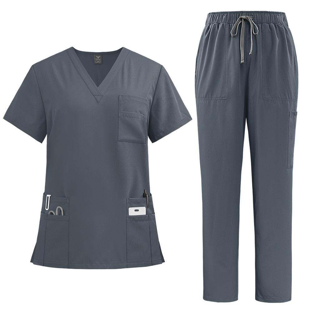 Zweiteiliges Set mit V-Ausschnitt und kurzen Ärmeln, schnell trocknende Anzüge, Pflegeuniform-Set, Oberteile + Hosen, Peeling-Anzug M grau