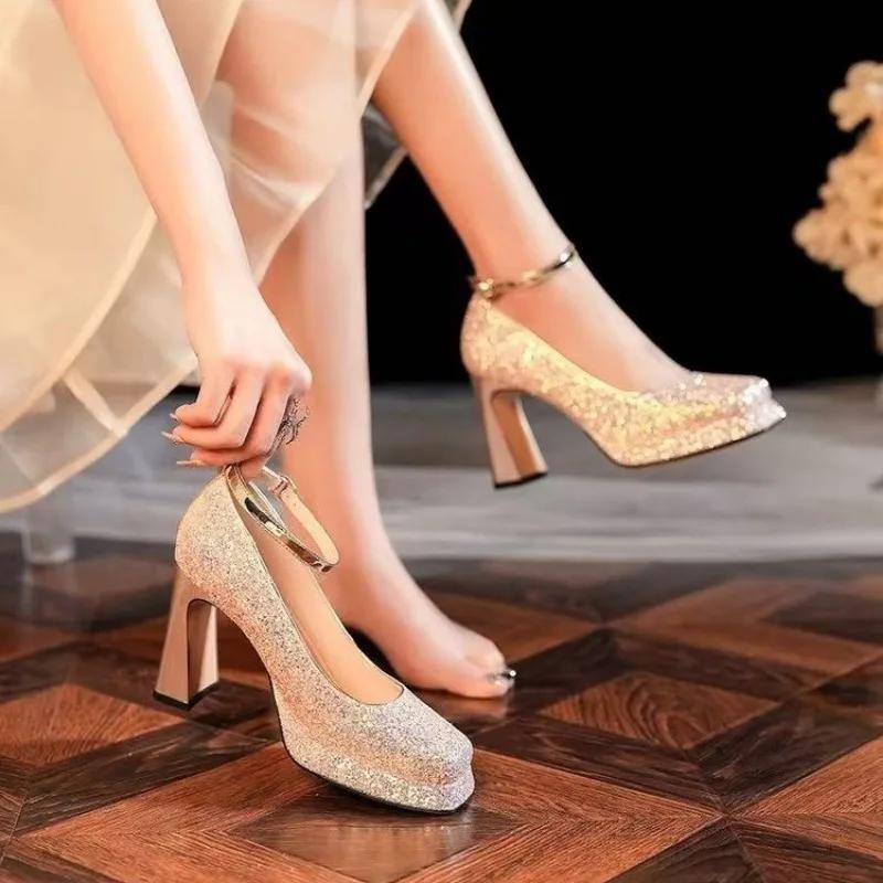 Damen Schuhe Schnalle Riemen Damen High Heels Mode Pailletten Hochzeit Super High Shallow Heels Frauen Mujer 39