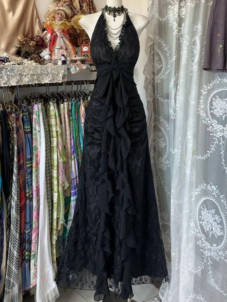 Frankreich Vintage Slim Slash Neck Ärmelloses Kleid Frauen Gothic Y2k V-Ausschnitt Schwarze Sommerkleider High Street Chic Skinny Kleidung S schwarz