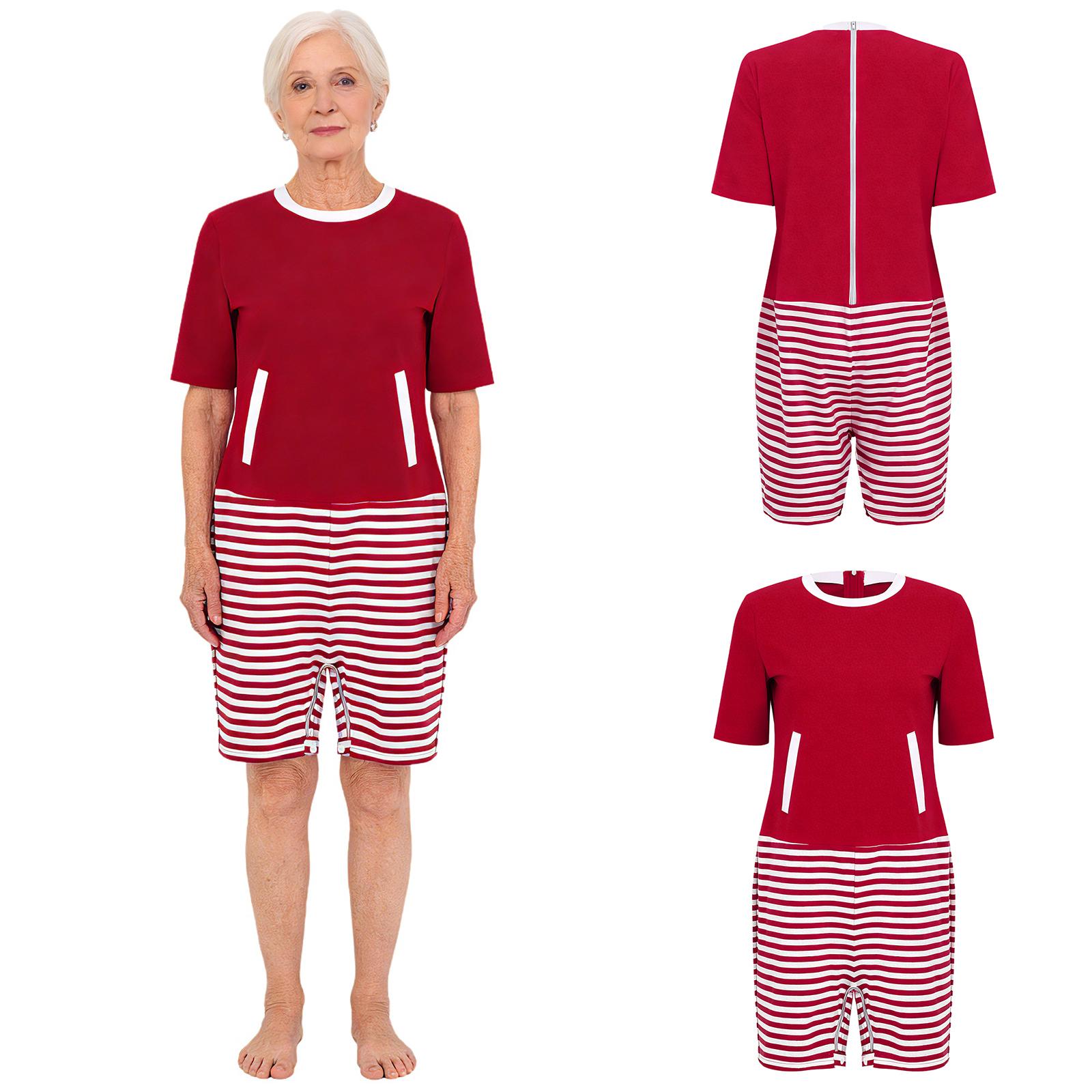 S-XXL Damen Ältere Adaptive Overall mit Reißverschluss hinten und im Schritt Colorblock Anti-Strip Strampler Bodysuit für Alzheimer-Patienten mit Besonderem Bedarf XXL rot