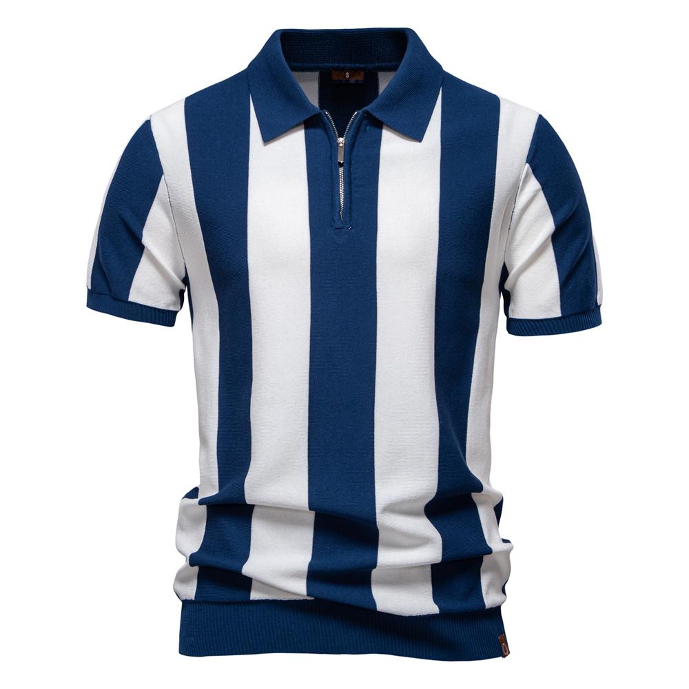 AIOPESON 2025 Neues Sommer-Poloshirt für Herren mit atmungsaktivem Streifenmuster, lässiges, kurzärmliges, bequemes Strick-Poloshirt EUR S 55-65kg dunkelblau