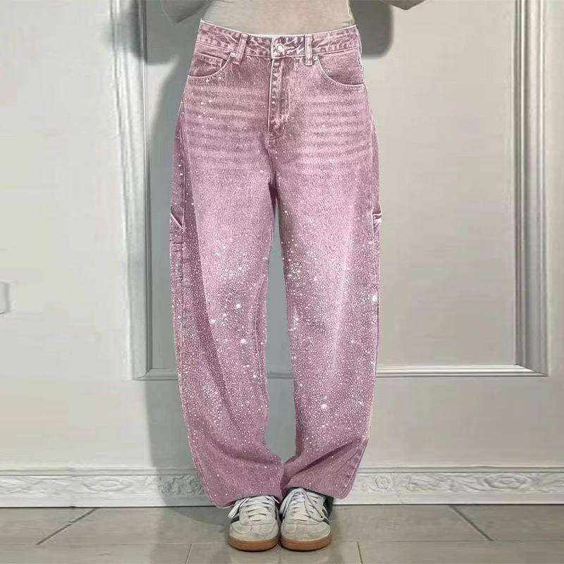 Modische Strass Damenjeans Y2K Street Super Große Glitzernde Damen Weitbein Hose Frühling Sommer Damenjeans XXXL rosa