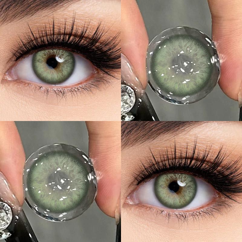2 Stück farbige Kontaktlinsen 0–8,00 Grad, schöne und bequeme Kontaktlinsen für Myopie-Augen-Make-up, 14,0/14,2/14,5 mm 0 grün