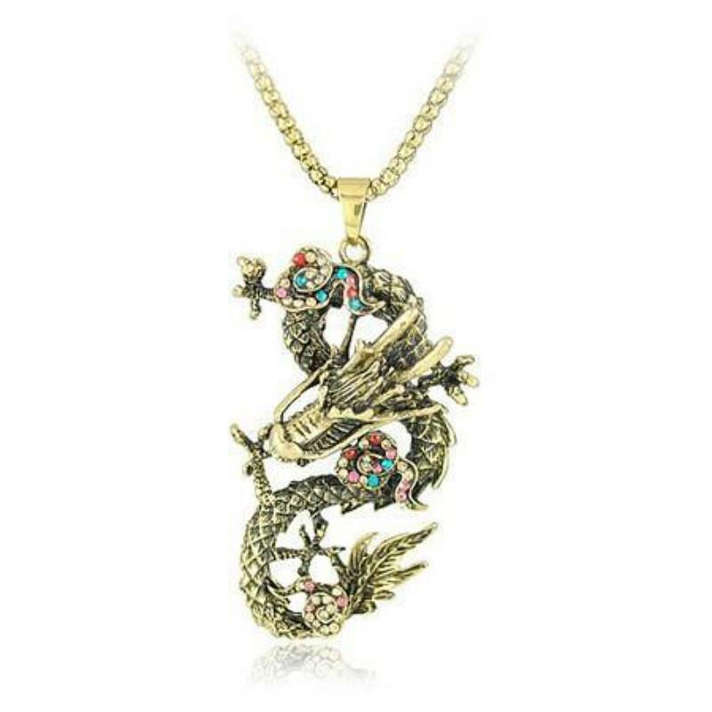 Mode neue Gold und Silber chinesische Drachen Legierung Anhänger lange Halskette Diamant Drachen Halskette Pullover Kette Schmuck gold