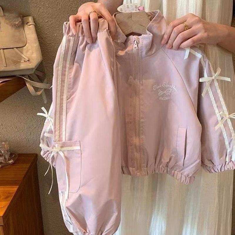 Koreanischer Stil Mädchen Set Schleifenjacke Lässige Hose Frühling Kleinkind Outfit Mädchen Kleidung Baby Outfit Set 120cm rosa