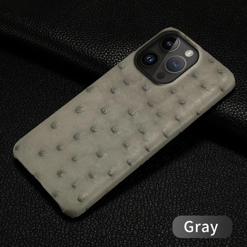 100% Natürliche Straußenleder Handyhülle für iPhone 17 Air 16 15 12 11 13 14 Pro Max 16 Plus 17Pro 16Pro Luxus Rückabdeckung For iPhone Air&Genuine Leather grau