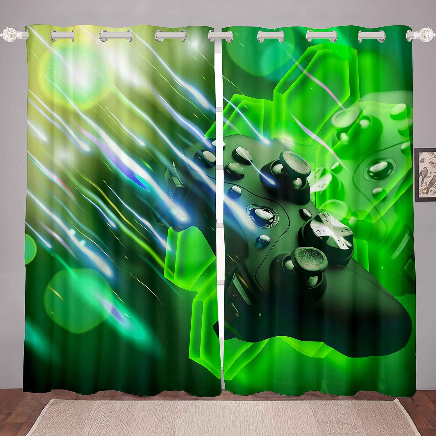 Gaming-Vorhänge für Jungen Spielzimmer-Dekoration, Gamer-Vorhänge für Teenager Für Kinder Sternenuniversum Karomuster Spielcontroller-Druck Fenster Vorhänge 100W130H(CM)40x51in&rod pocket green