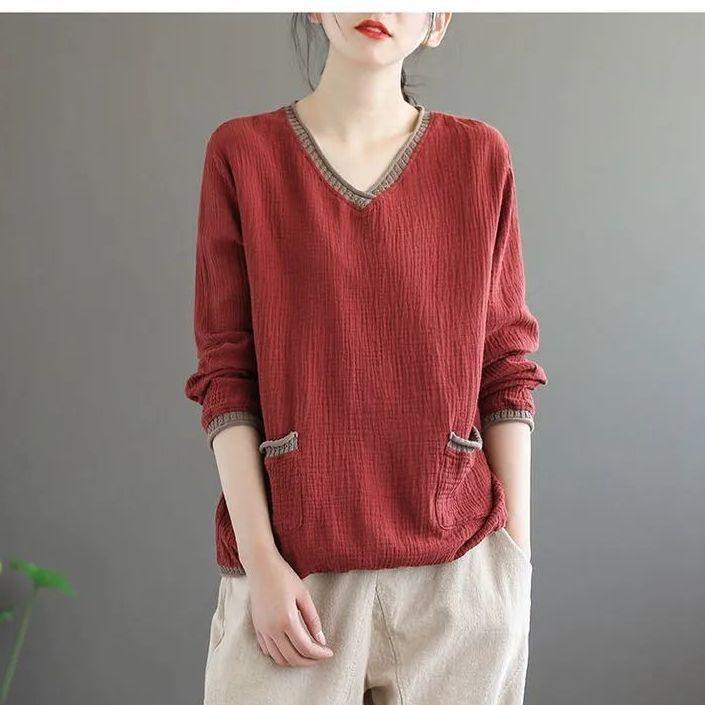 Übergroßes Vintage T-Shirt Damen Baumwolle Leinen T-Shirt Langarm Blumenmuster Lose T-Shirt Frau Herbst T-Shirt Damen Tops Casual 3XL ziegelrot