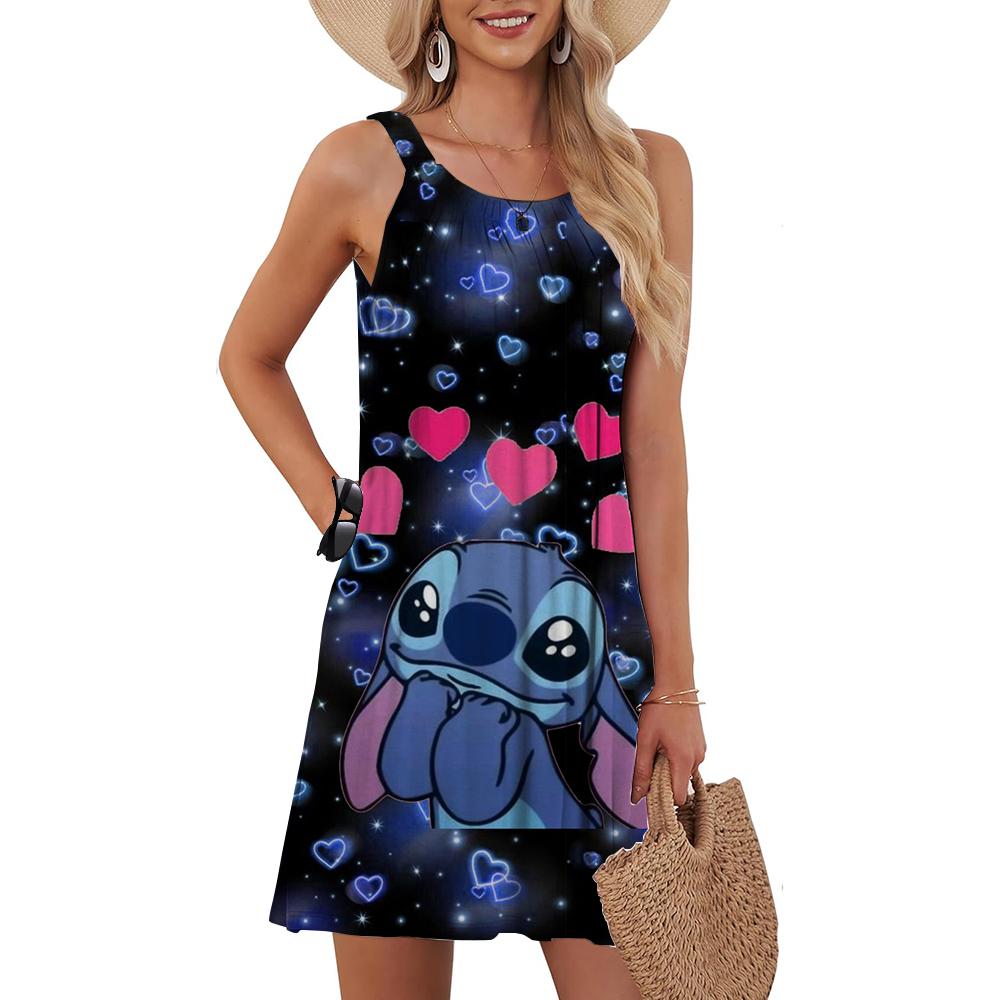 Lilo&Stitch lockeres Sommer-Strand-Langarmkleid Damen Disney Lilo&Stitch ärmelloses Trägerkleid langes Kleid Hosenträger 3XL black