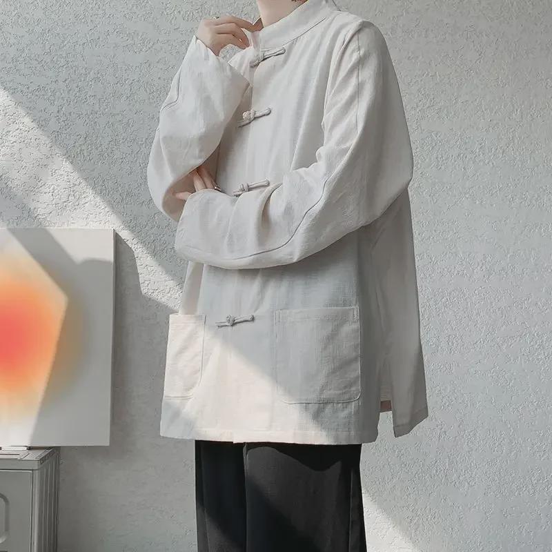 Leinenhemd und Tang-Anzug im chinesischen Stil für Herren – Zhongshan-Anzug, Hanfu, neuer Teeanzug, langes Kleid, Jacke L (Suitable for 100-120 jin) gray
