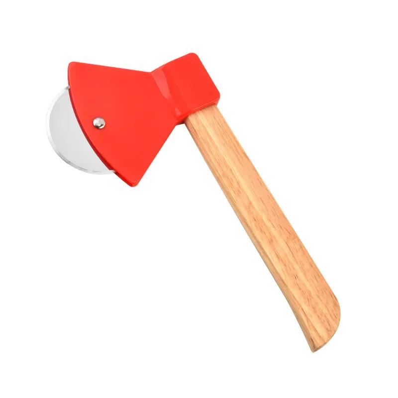 Pizza-Edelstahl-Axt, Pizzaschneider, Holzgriff, Backwerkzeug, Einzelrad, Tortenschneider, Pizzaschneider, Küchenzubehör red