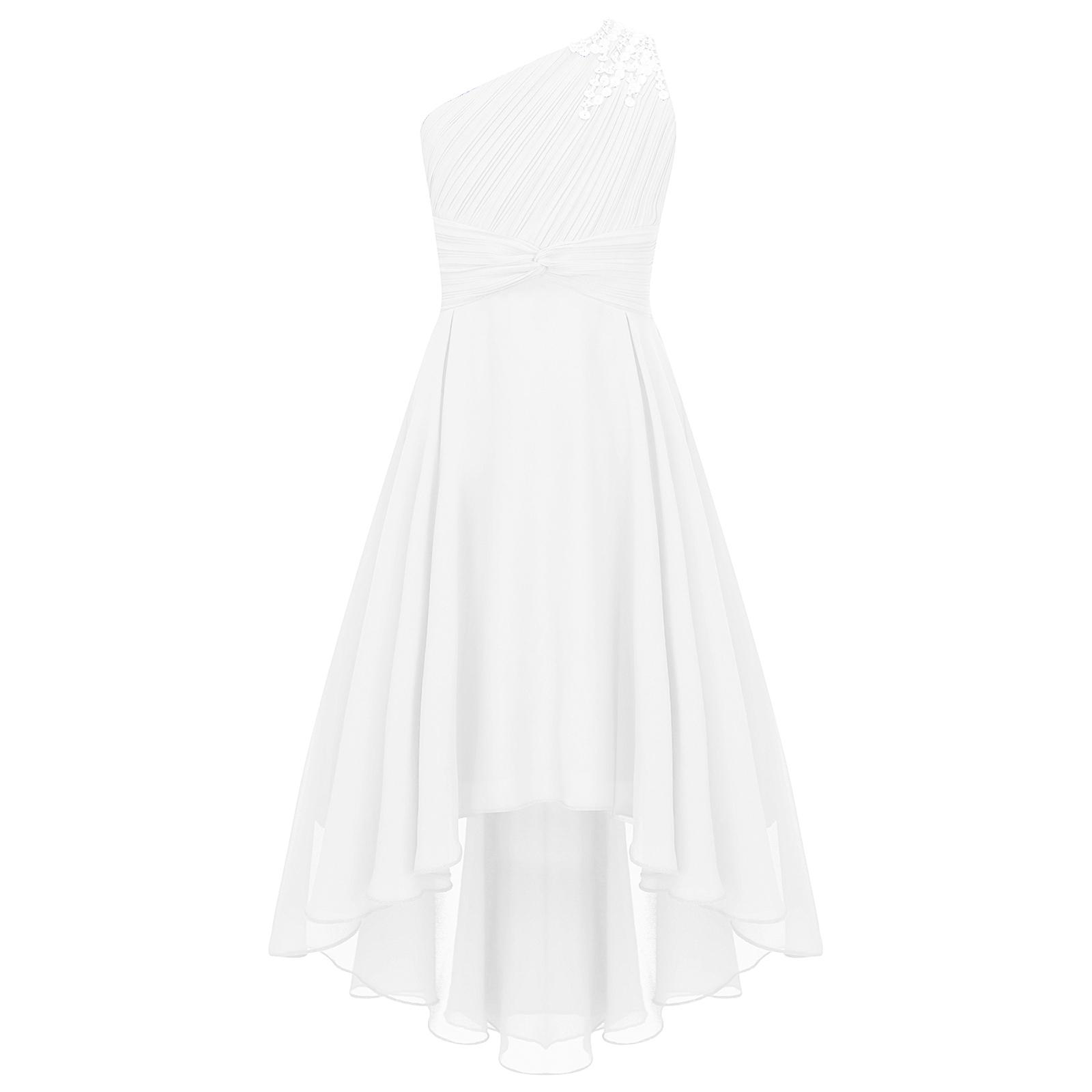 Mädchen Elegantes Ein Schulter Hochzeitskleid Gerafft Glänzend Perlenbesetzt Ärmellos Hohe Taille High Low Saum Partykleid 11-12 Years elfenbein