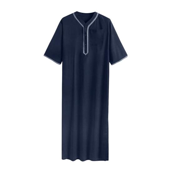 Yousheng Herren Kaftan Robe Einfarbig Halbarm Lang Thobe V-Ausschnitt Abaya Gebetskleidung Ihram Robe für Sommer Alltagskleidung S navy blau