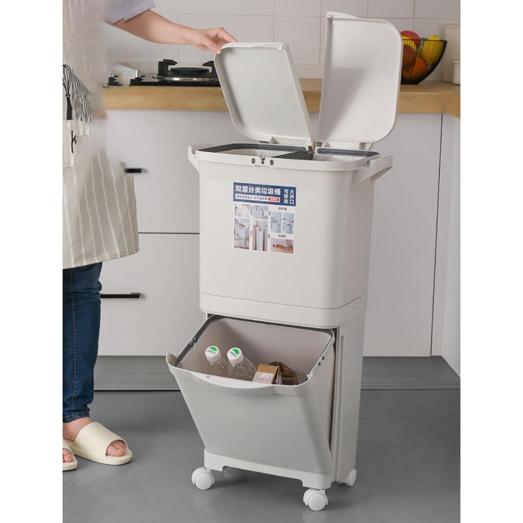 2-lagiger Klassifizierungs-Mülleimer, Küchen-Kunststoff-Mülleimer, nasser und trockener Druckknopf-Recycling-Mülleimer mit gestapelter Sortierung 1 lip gray