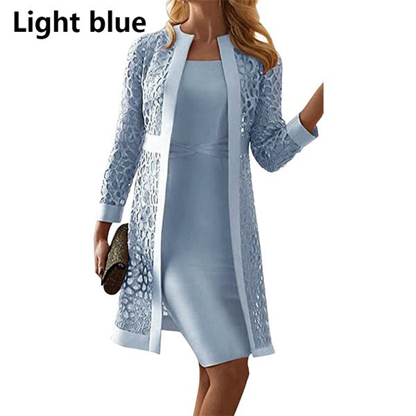 Elegantes Abendkleid mit langen Ärmeln für Damen, neue modische Kleider für die Brautmutter, knielange formelle Party-Abendkleider in Übergröße XXXL hellblaue