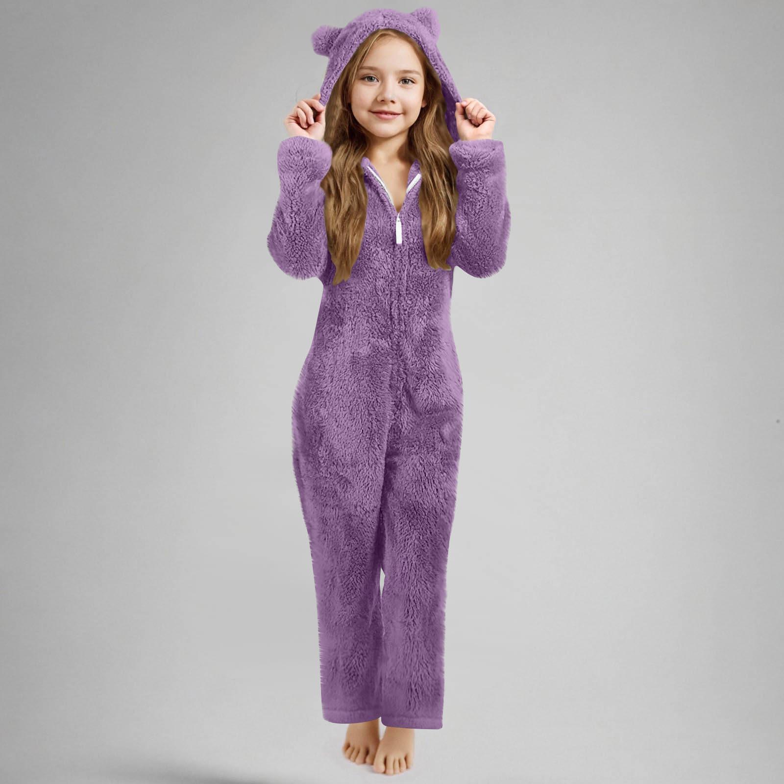 Kinder Jungen und Mädchen Einfarbig Kapuze Langarm Reißverschluss Plüsch Warm Kinderbekleidung Jumpsuit 140 violett