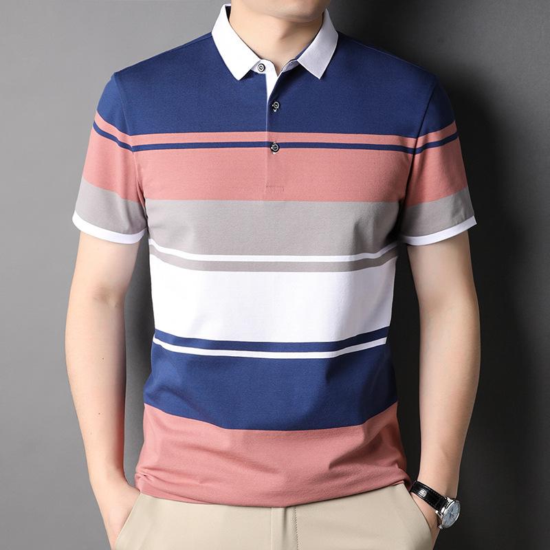 Sommer Neue Koreanische Mode Kurzarm Gestreifte T-Shirts für Junge und Mittelalte Männer, Dünne Revers Freizeit-T-Shirts XXXL