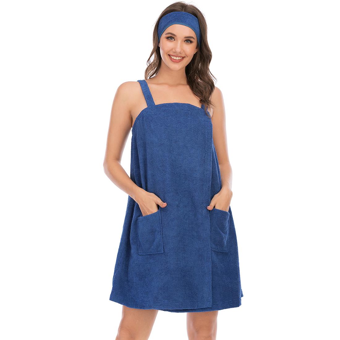 Bright Deer Damen-Bademantel aus Frottee, Spa, Badetuch, Bademantel mit Trägern, schnell trocknend, Frottee-Klettverschluss, elastischer Duschbademantel mit Stirnband, weich, für Fitnessstudio, Pool, Abdeckung L blau