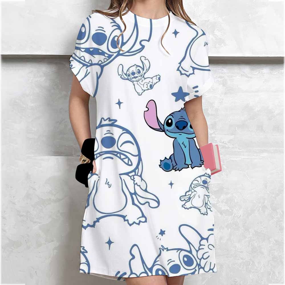 Damen Übergröße Sommer Disney Lilo&Stitch bedrucktes kurzärmeliges Rundhals Freizeit-T-Shirt-Kleid lässiges sexy Kleid lockeres Kleid L